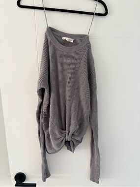 lovestitch Gray Knit Twist-Hem Off-Shoulder Sweater